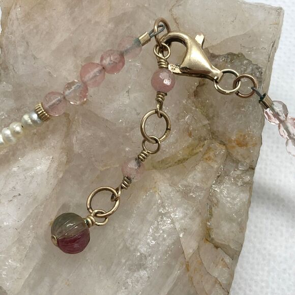 Vintage Rose Quartz Carved Mother of Pearl Tourmaline 18'' Necklace 14/20 GF 44g - Picture 6 of 9